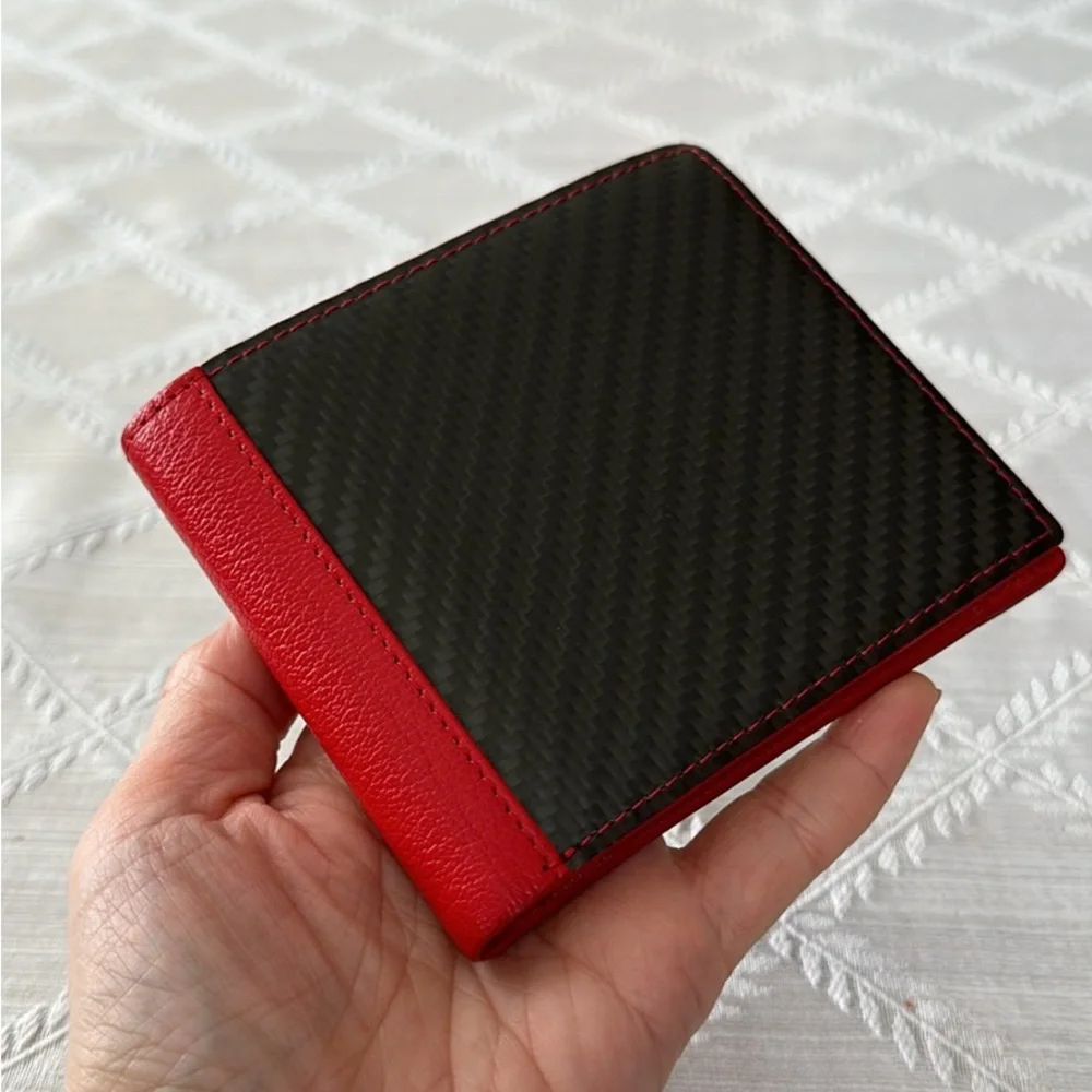 Hide K 1896 RFID Leather Bifold Wallet Red Carbon Fiber New